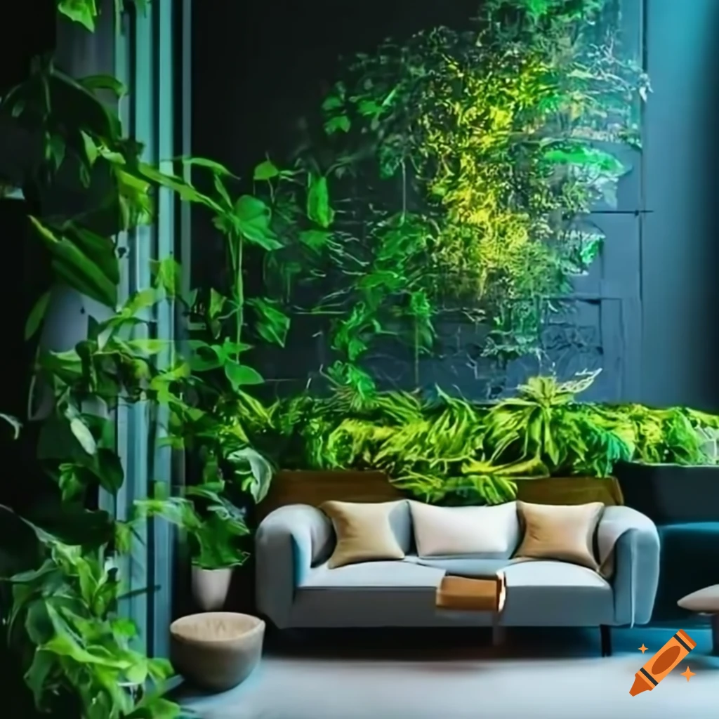 Modern hotel lobby with lush greenery, coffee tables, and sofas around a fireplace