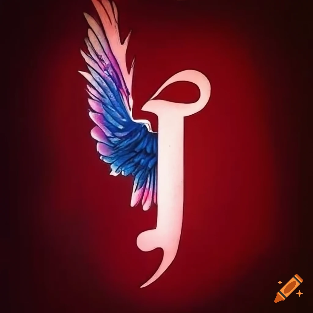 Stylish letter J tattoo with American flag colored angel wings