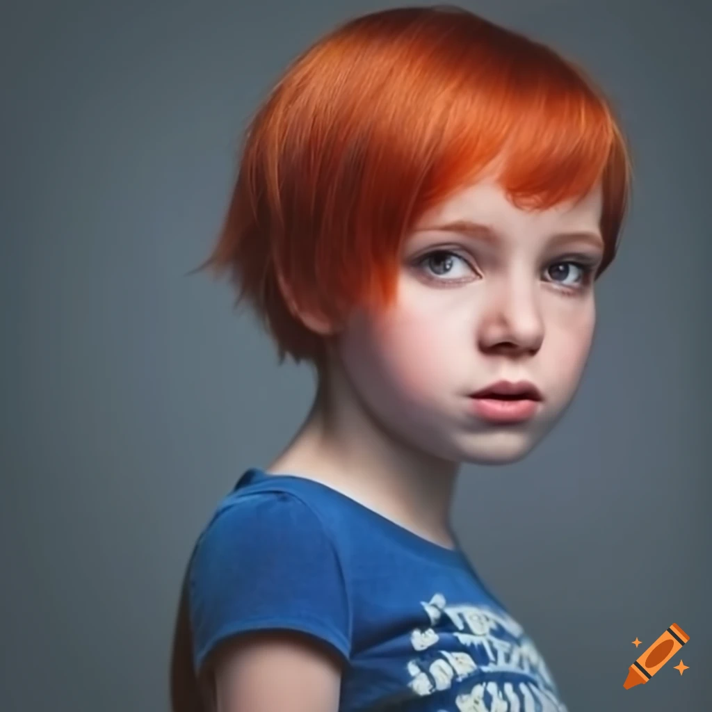 Girl with red short hair in black shorts and blue t-shirt