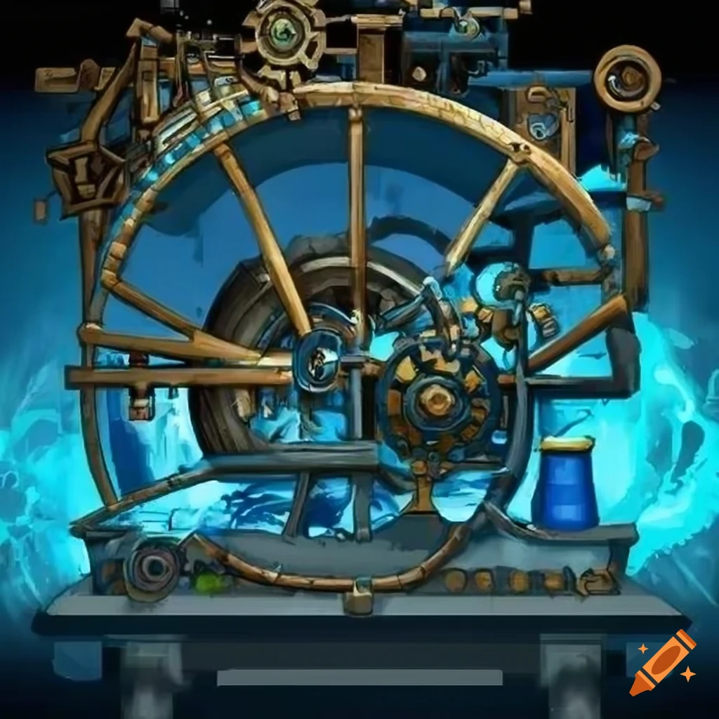 Steampunk machine crackling with blue lightning in a lab in fantasy art ...