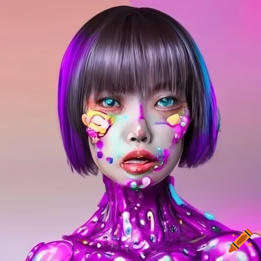 Asian cyborg made of colorful slime and candies with black bobcut hair