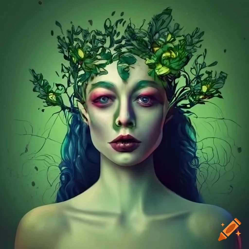 Nymph made of plants in a graphic novel style
