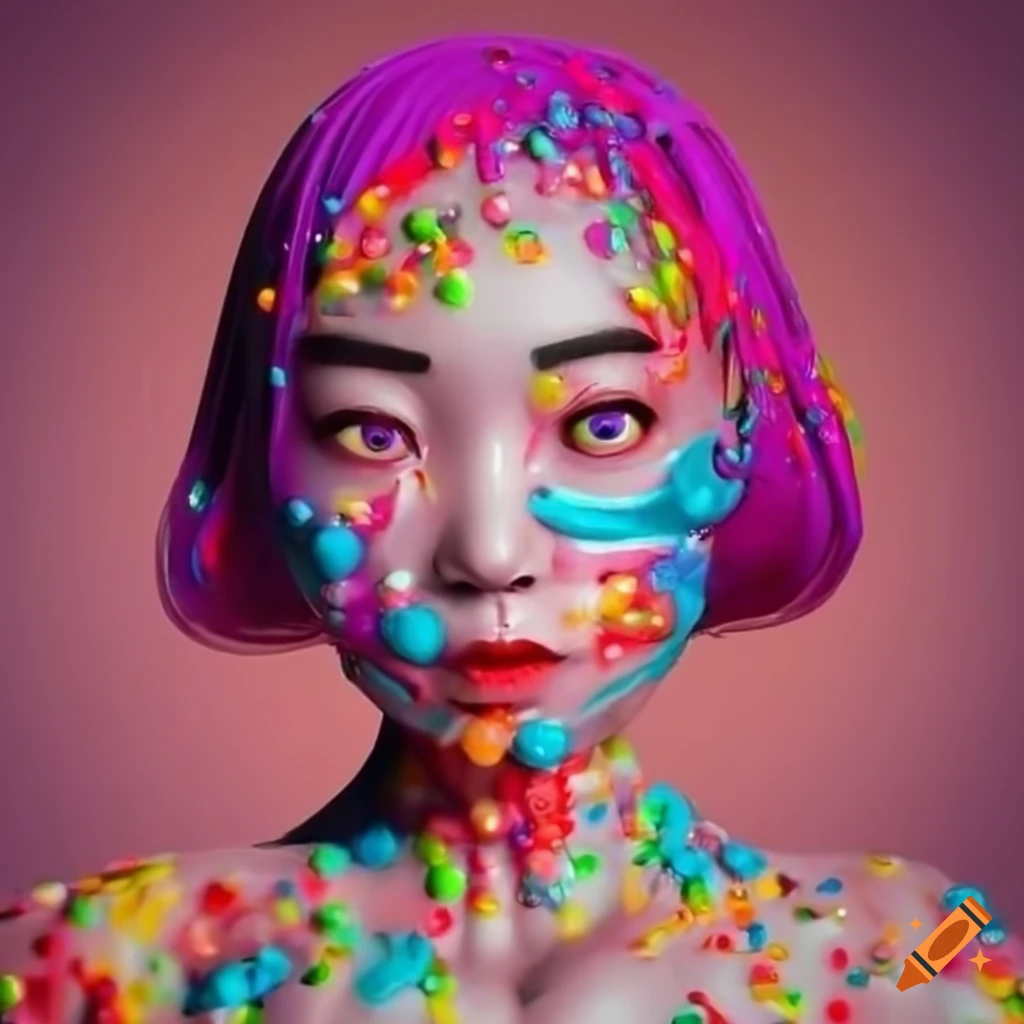Colorful slime and candy asian cyborg with black bobcut hair