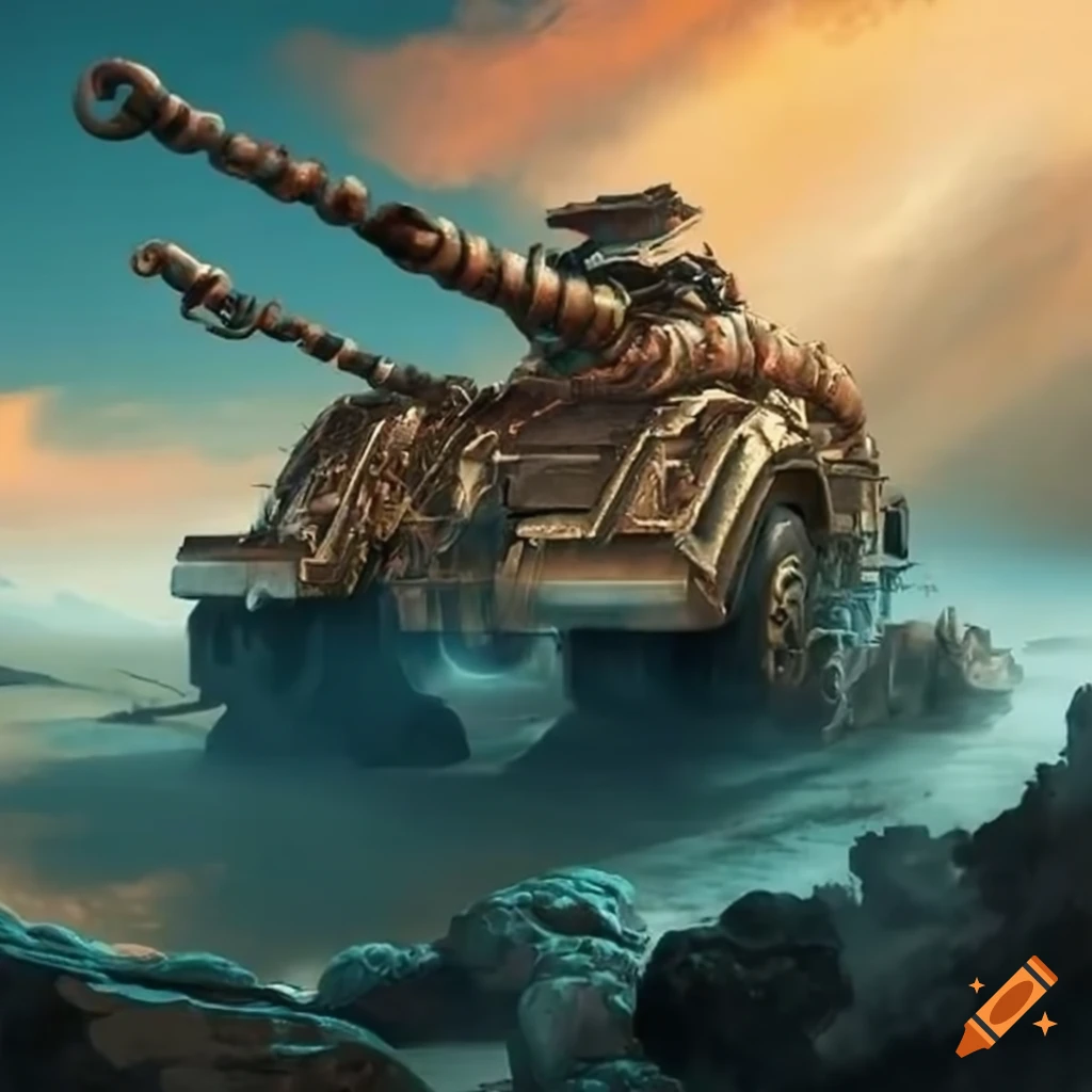 Massive towing truck with heavy chain in a desert Warhammer scene