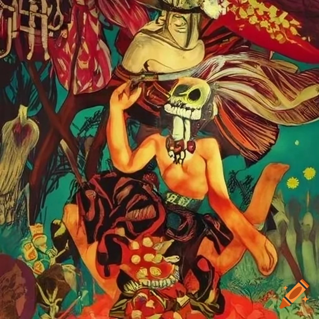 Santa Muerte Voodoo Loa Shunga lithograph by Willi Sitte, Victo Ngai, and Diego Rivera depicting a fusion of Celtic, Japanese, and Viking cultures in the Amazon river rainforest during sunrise