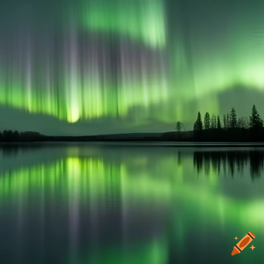 Northern lights reflected in Lac de Saint-Agnan, realistic view