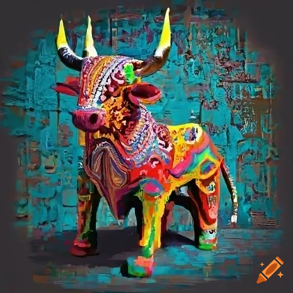 Colorful wooden tribal bull carving on Bali with pixelart oil painted style