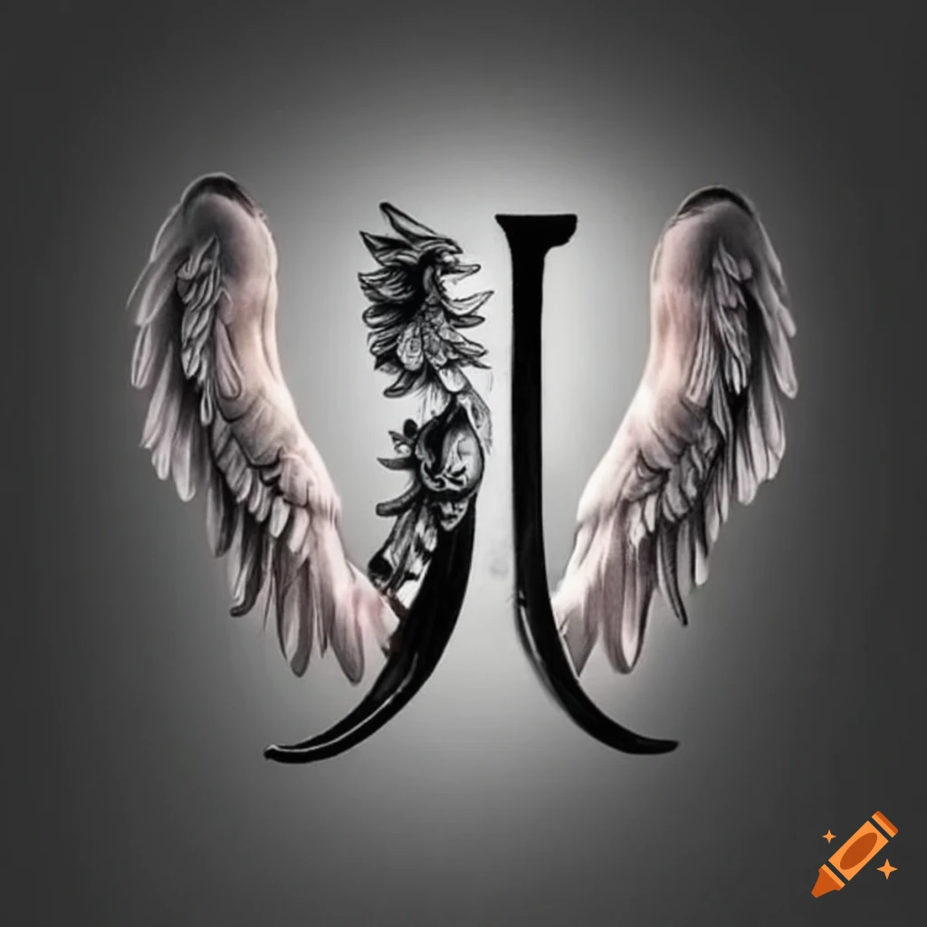 Stylish white letter J tattoo with black angel wings