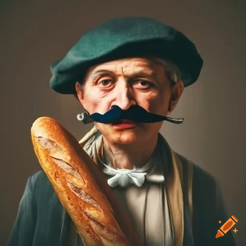 Man with a beret and mustache holding a baguette on Craiyon