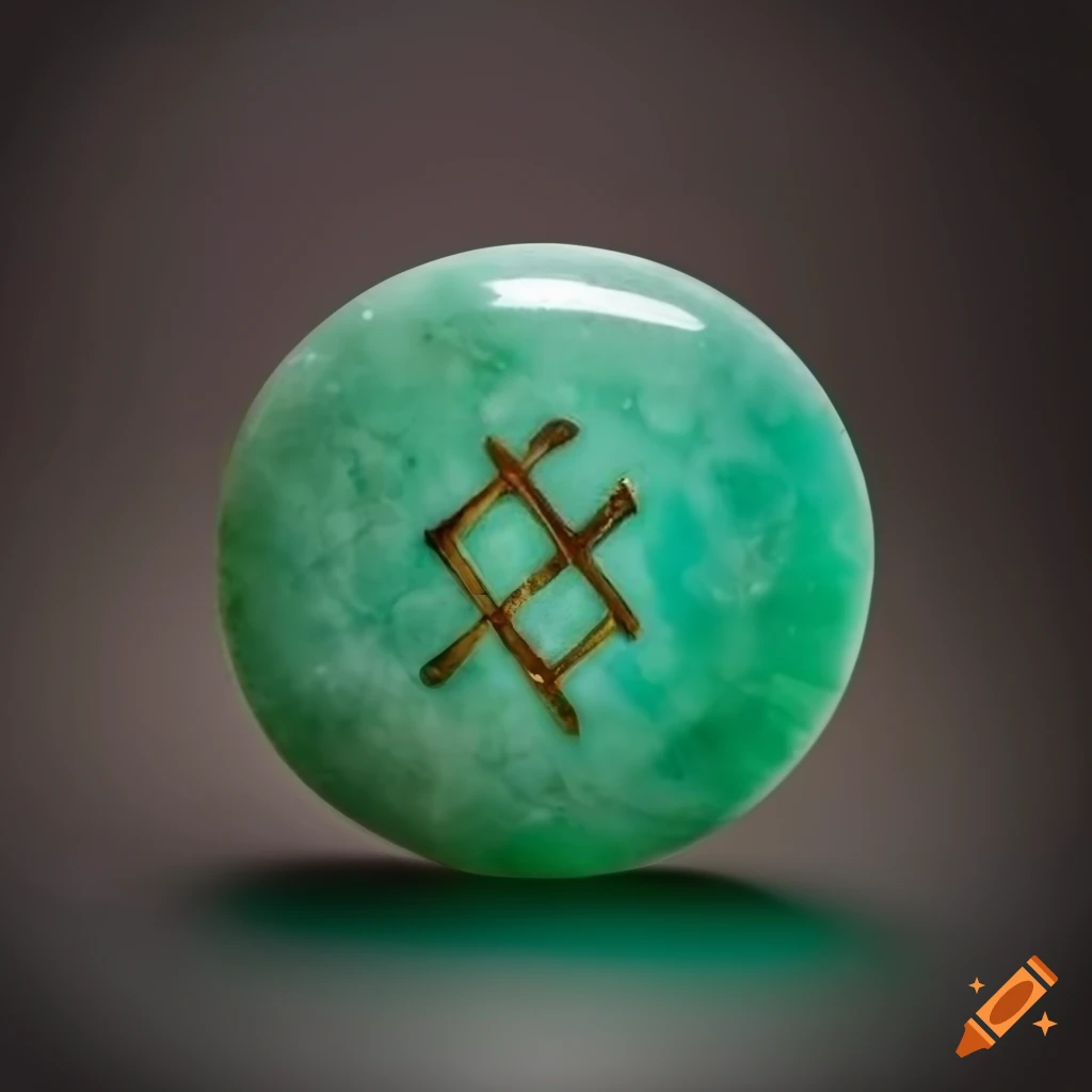 Jade stone with engraved runes on white background