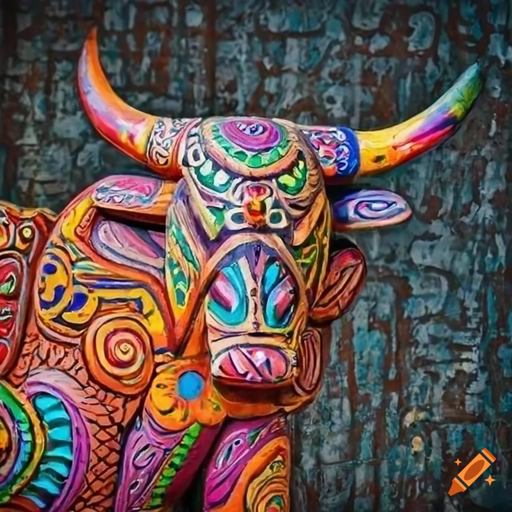 Colorful wooden bull tribal art on vibrant background