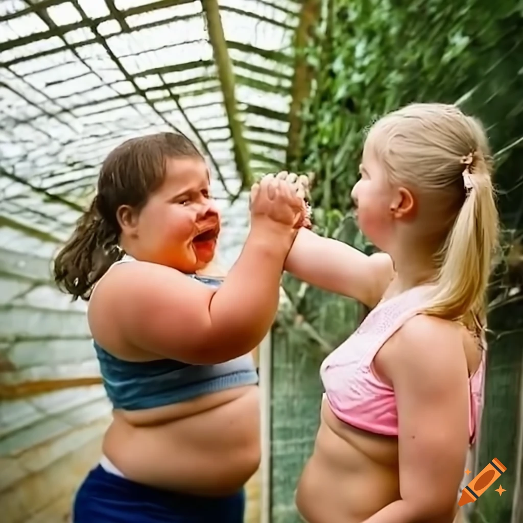 Two contrasting twin girls fighting in a sunny greenhouse