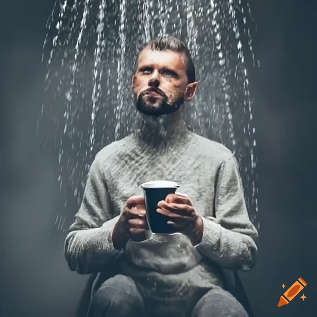 Man enjoying coffee in the rain