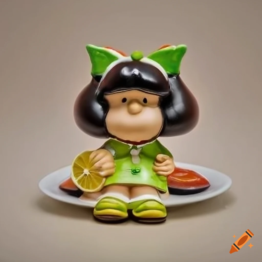 Mafalda lemon cookie figurine with glossy sugar layers on a chinese plate