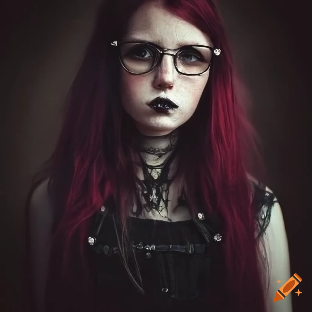 Girl with twintails, freckles, and glasses in black dungarees with gothic style