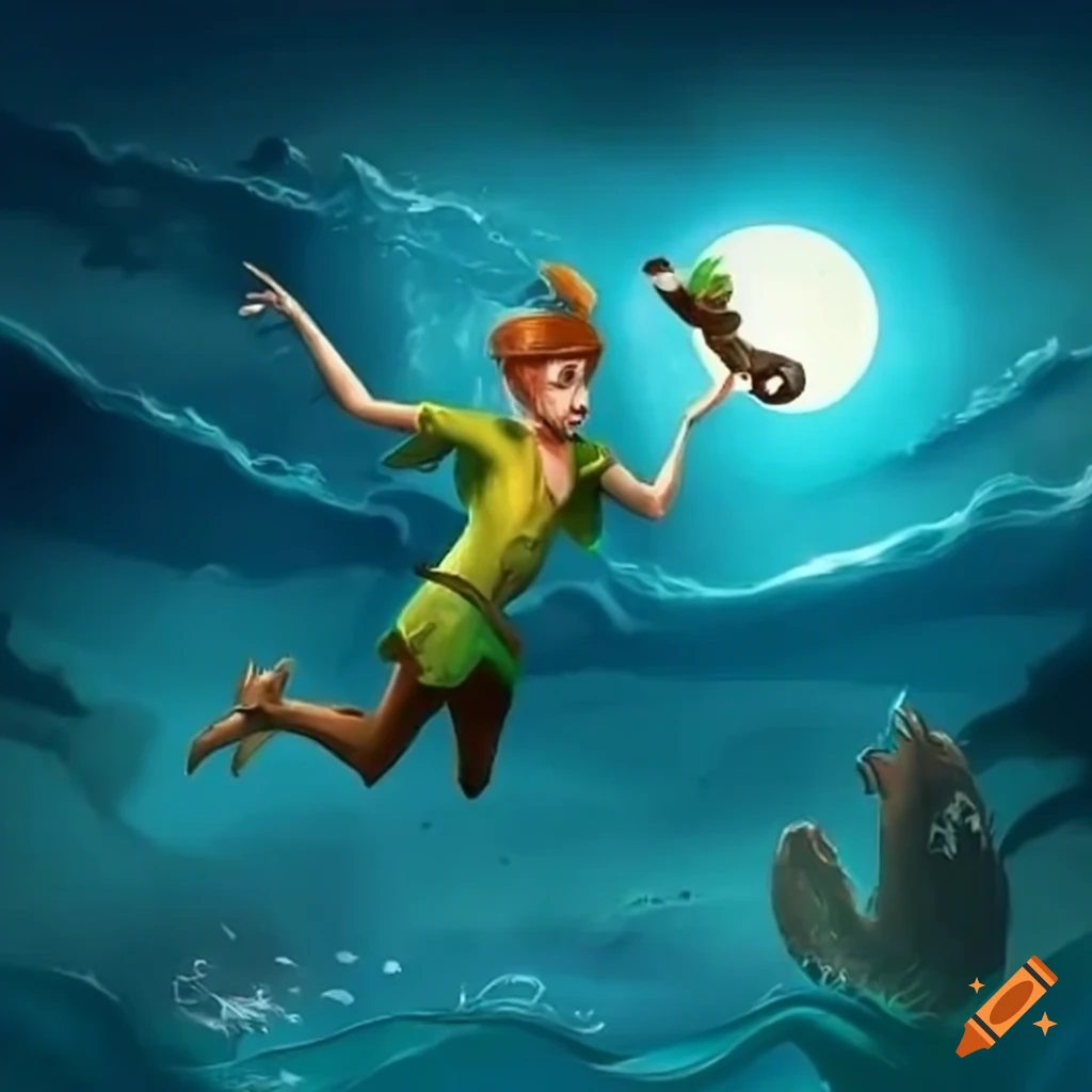 Peter Pan flying over the ocean with a bottle of rum