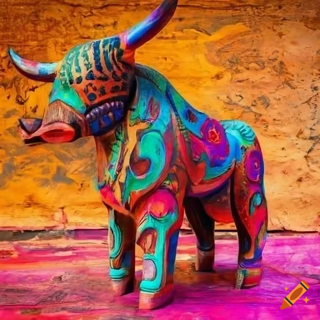 Colorful wooden bull tribal art on vibrant background