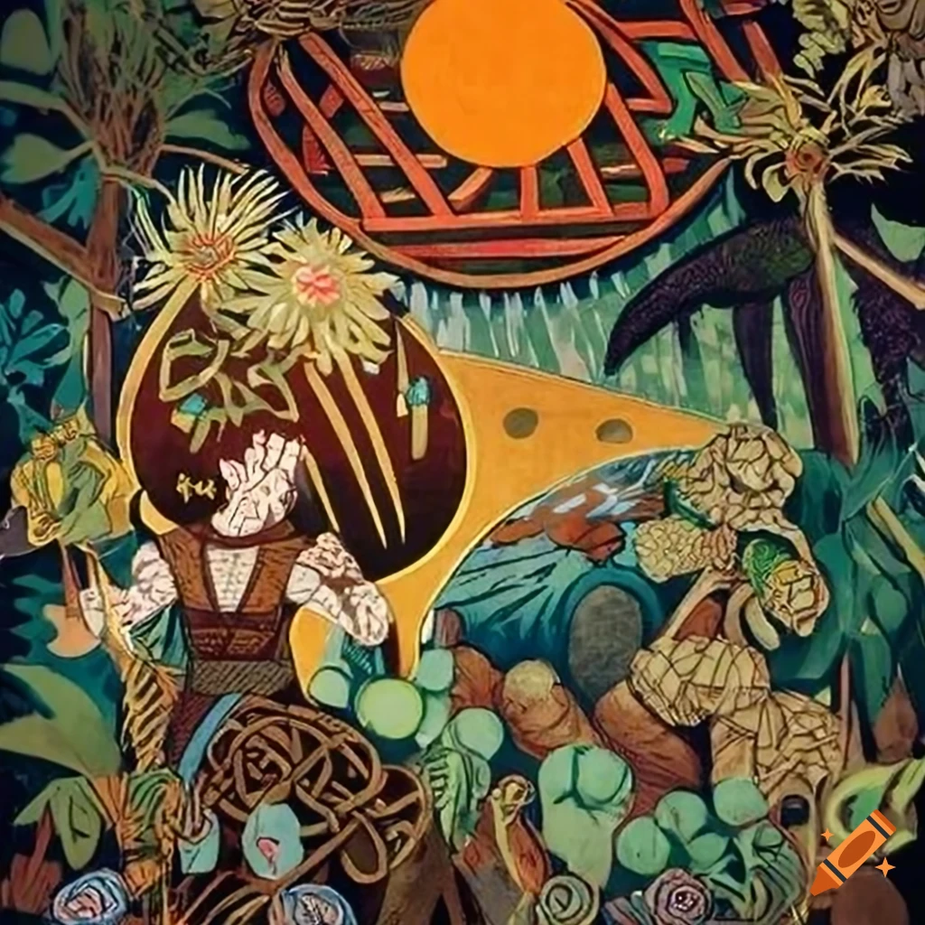 Illustration of fusion cultures in the Amazon river rainforest at sunrise Golden Hour