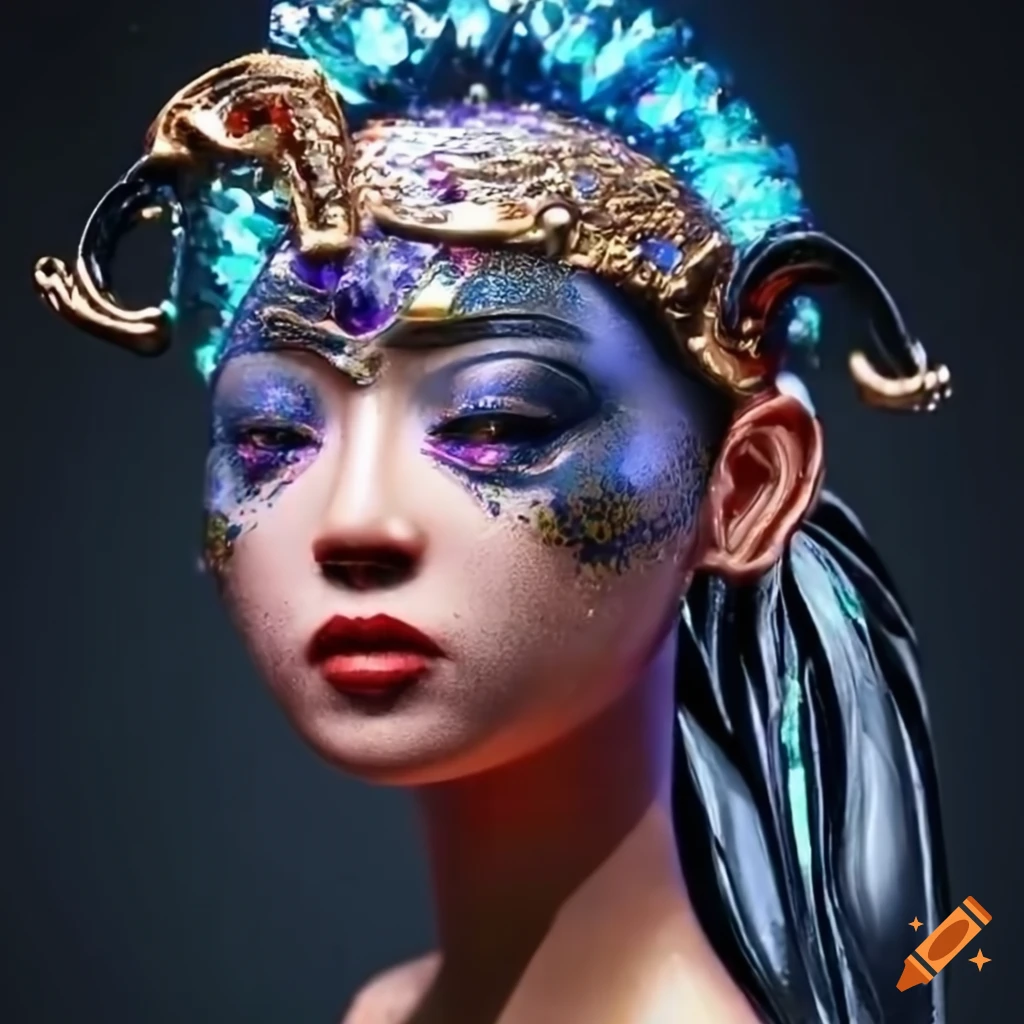 Female Asian copper metal-plated cyborg with amber stones in a fantasy setting