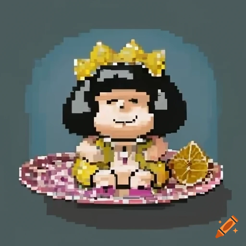 Pixel art of Mafalda lemon cookie figurine on a Chinese plate