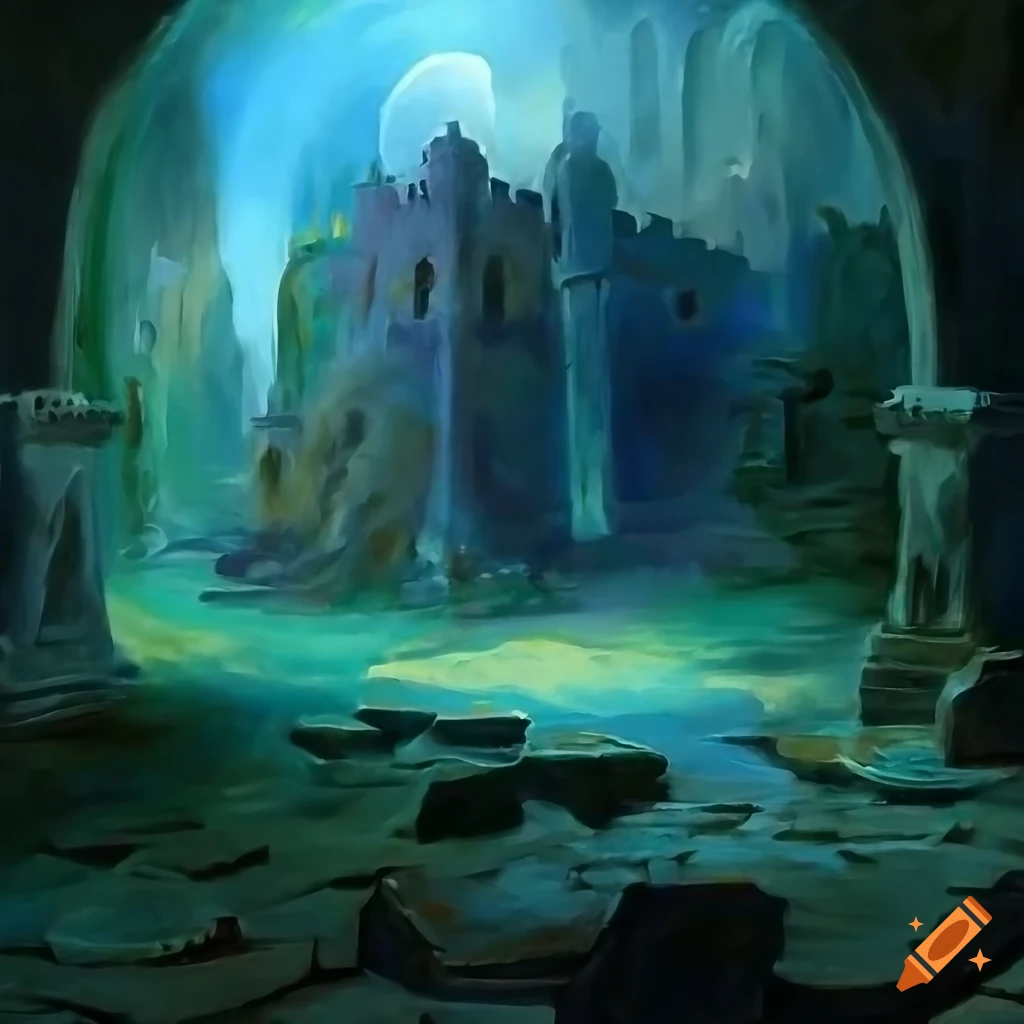Epic fantasy scene in a castle crypt with treasure and detailed artwork ...