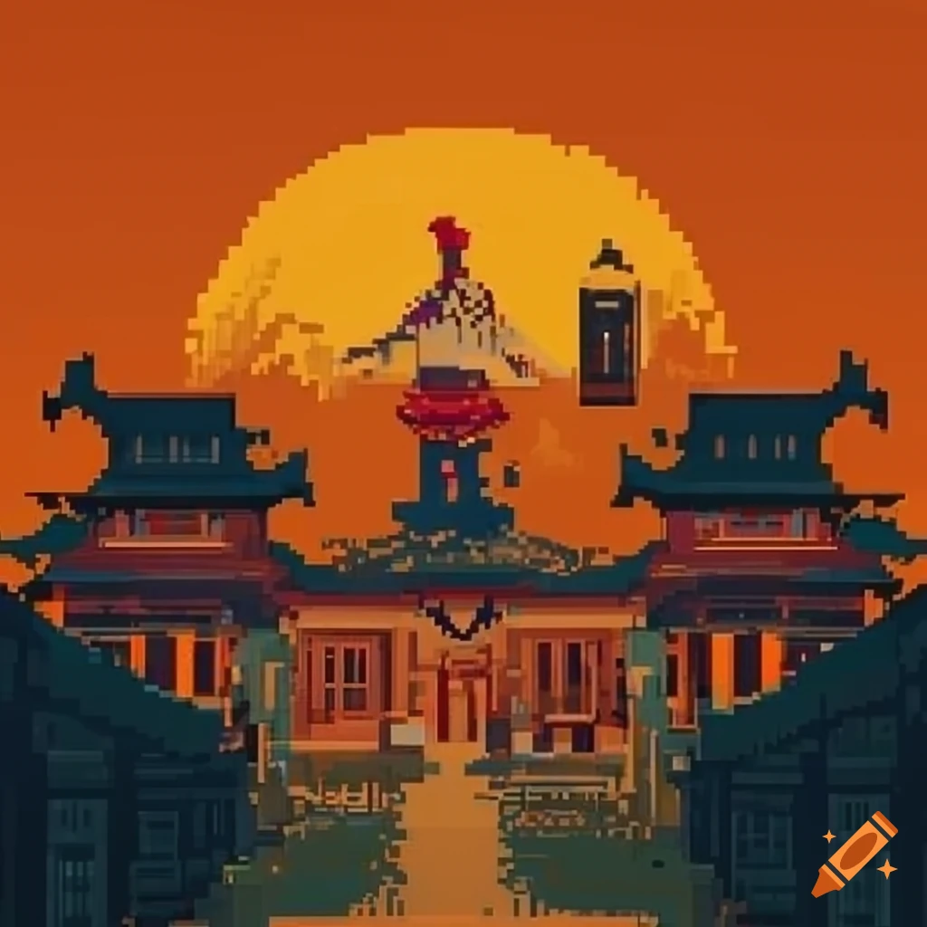 Judge Dee in vintage travel poster style with Chinese architecture essence
