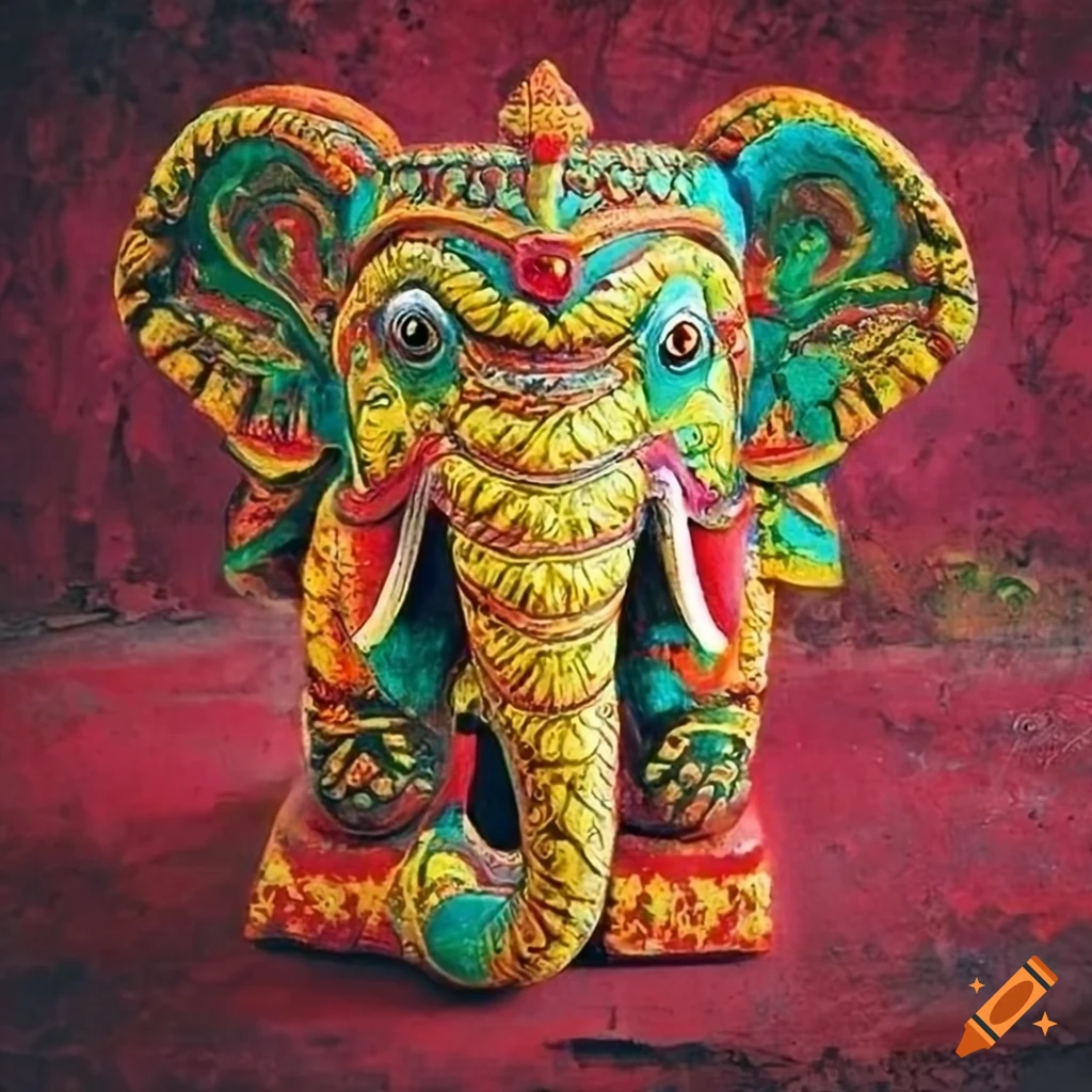 Yellow elephant on a red concrete background in Bali art style