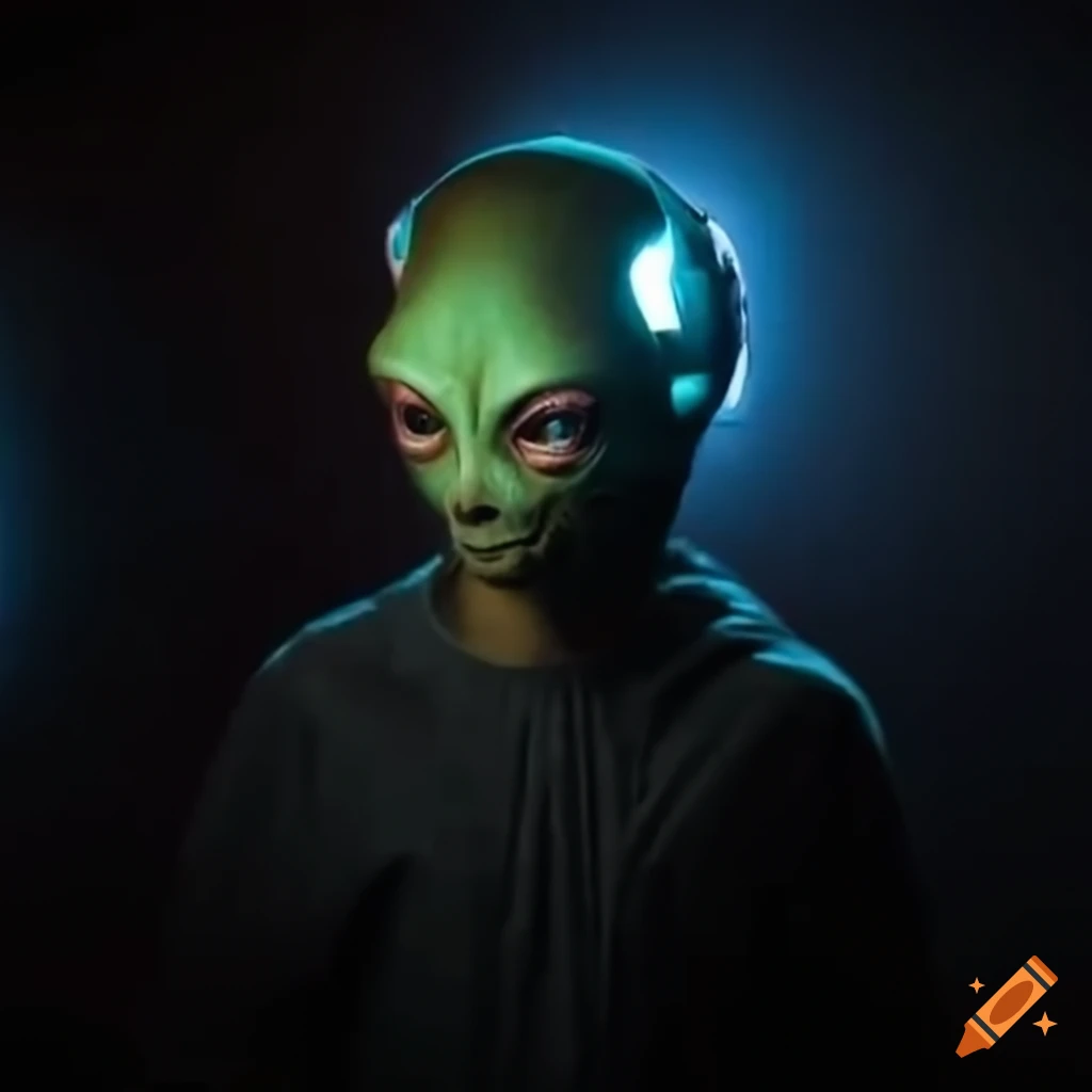 Cool alien creature in glasses and coveralls in a recording studio
