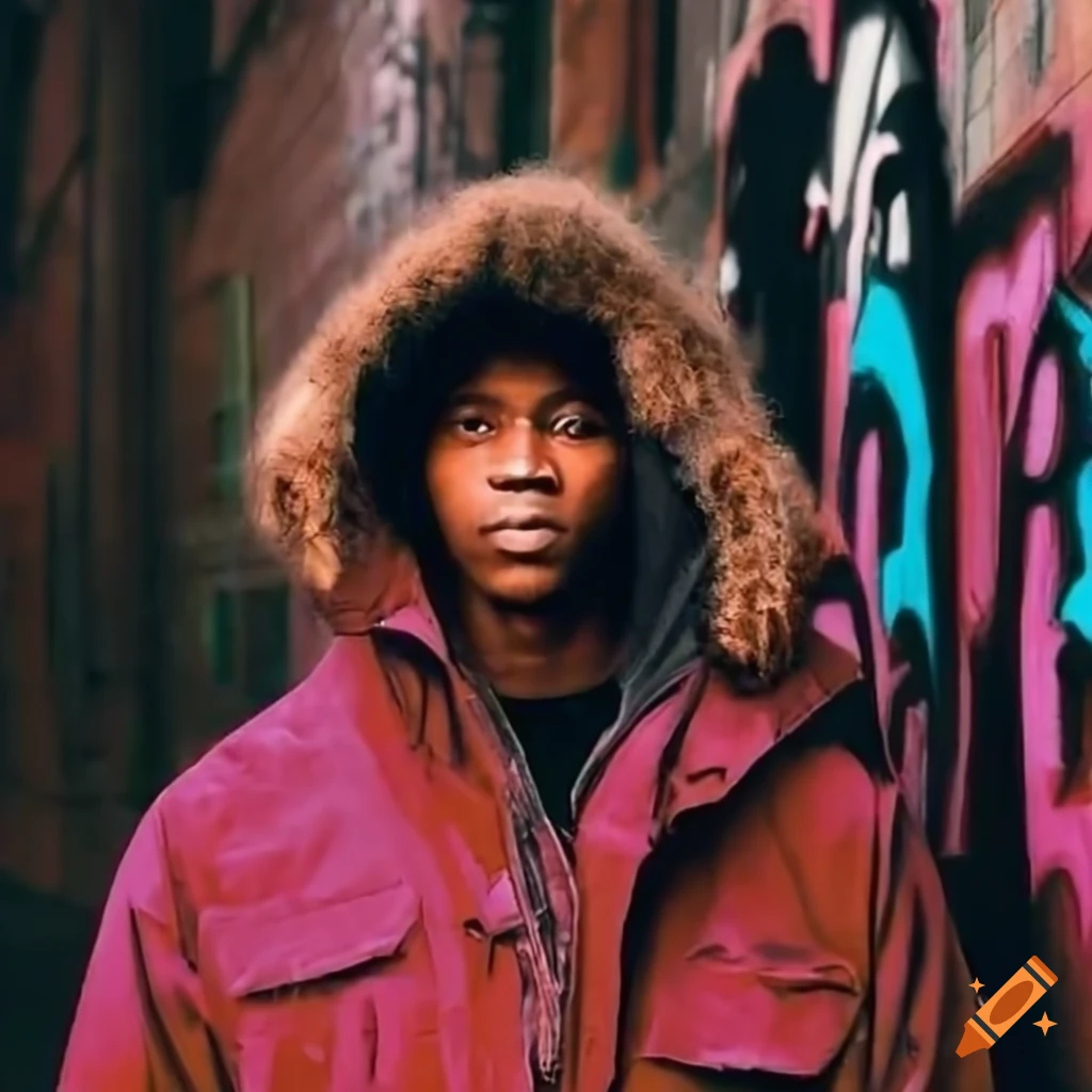 Young black man with buzz cut in 90s style by graffiti alley