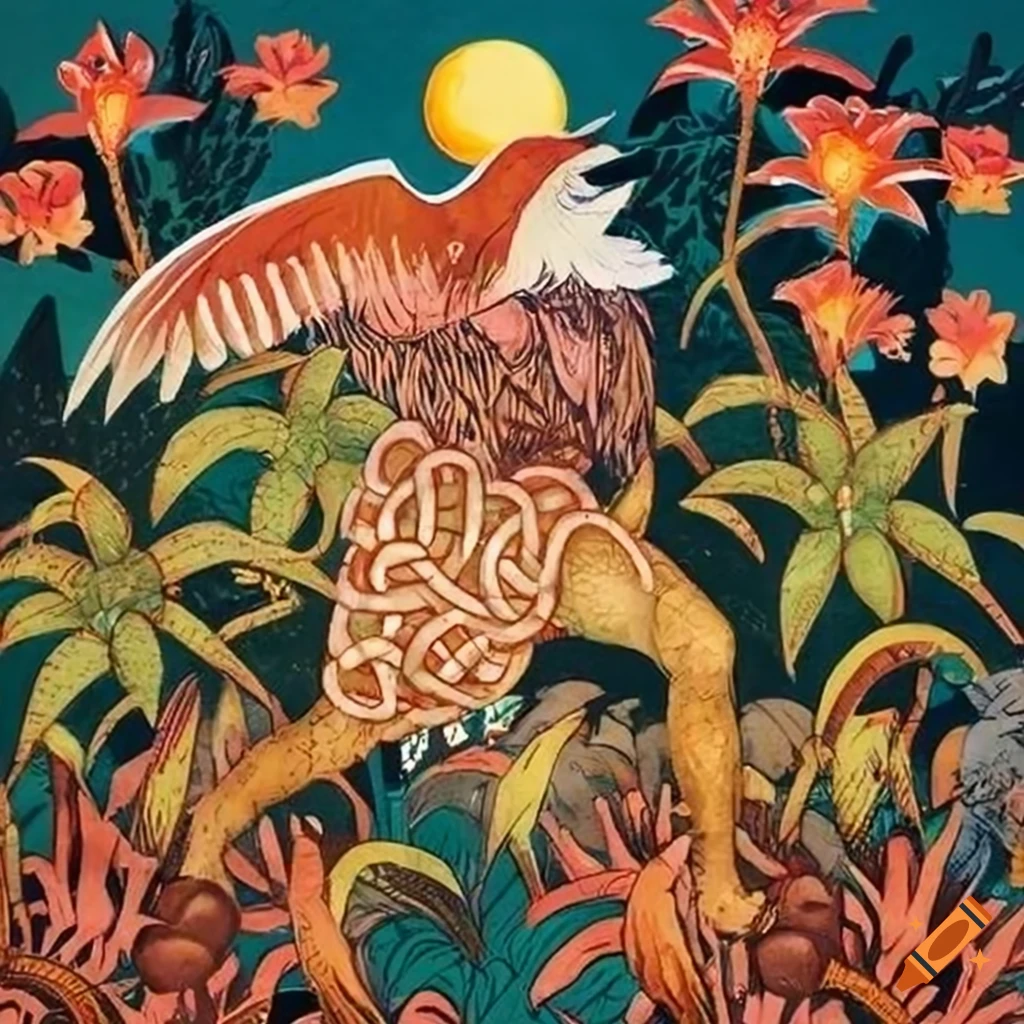 Illustration of fusion cultures in the Amazon river rainforest at sunrise Golden Hour