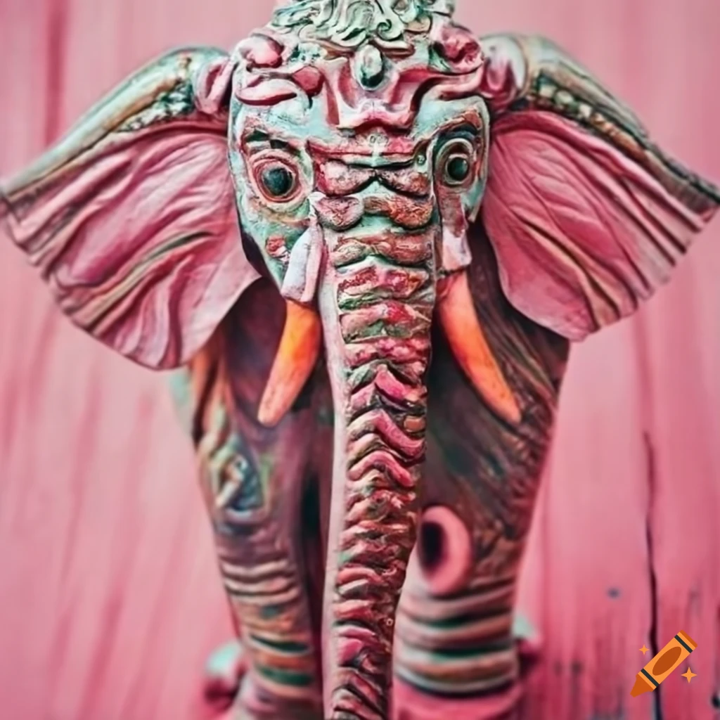 Pink elephant on wooden background in Bali primitive art style