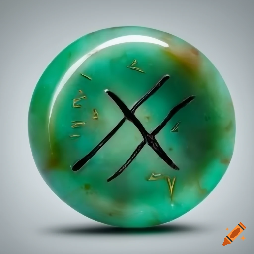 Jade stone with engraved runes on white background