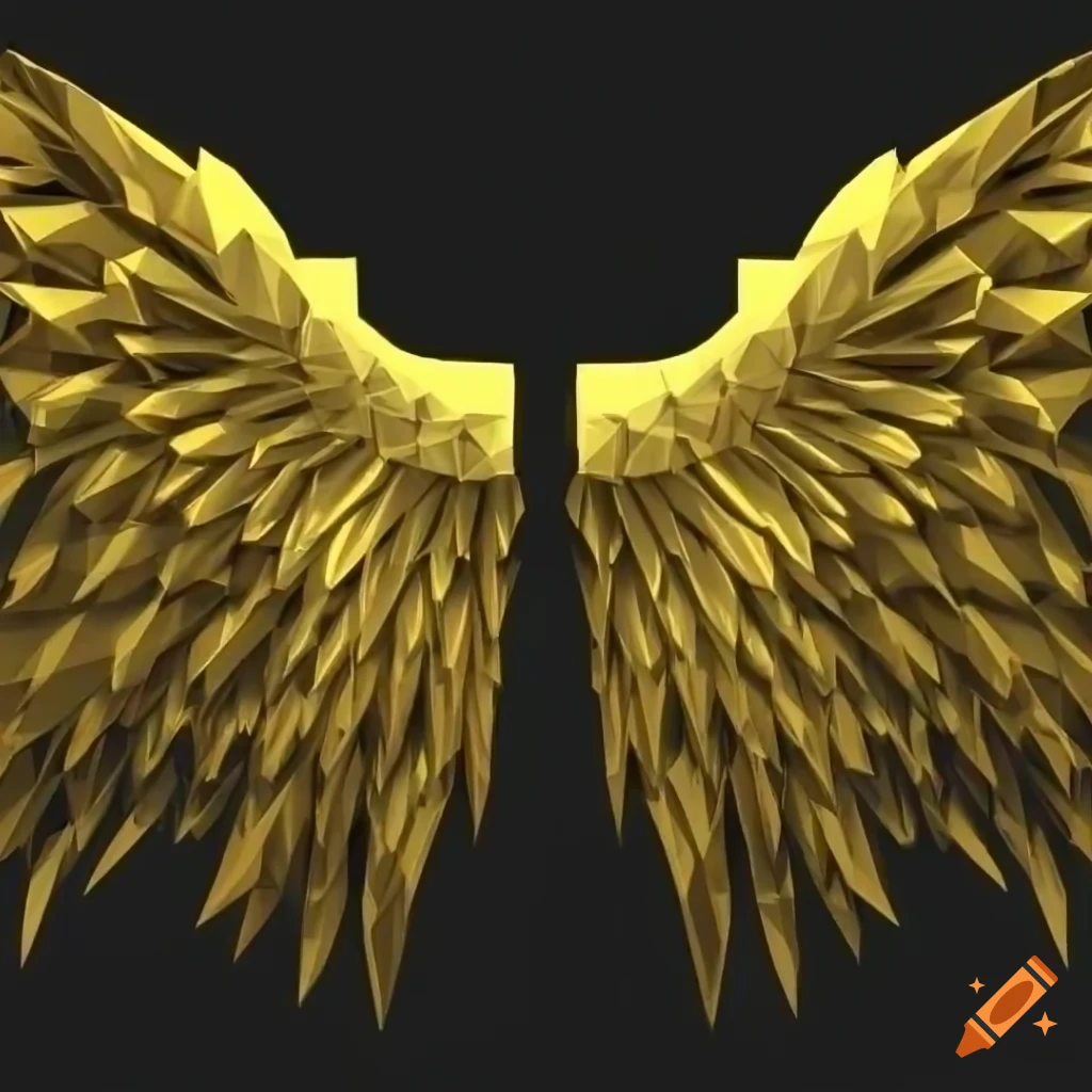Low poly 3D golden wings with hand-painted patterns