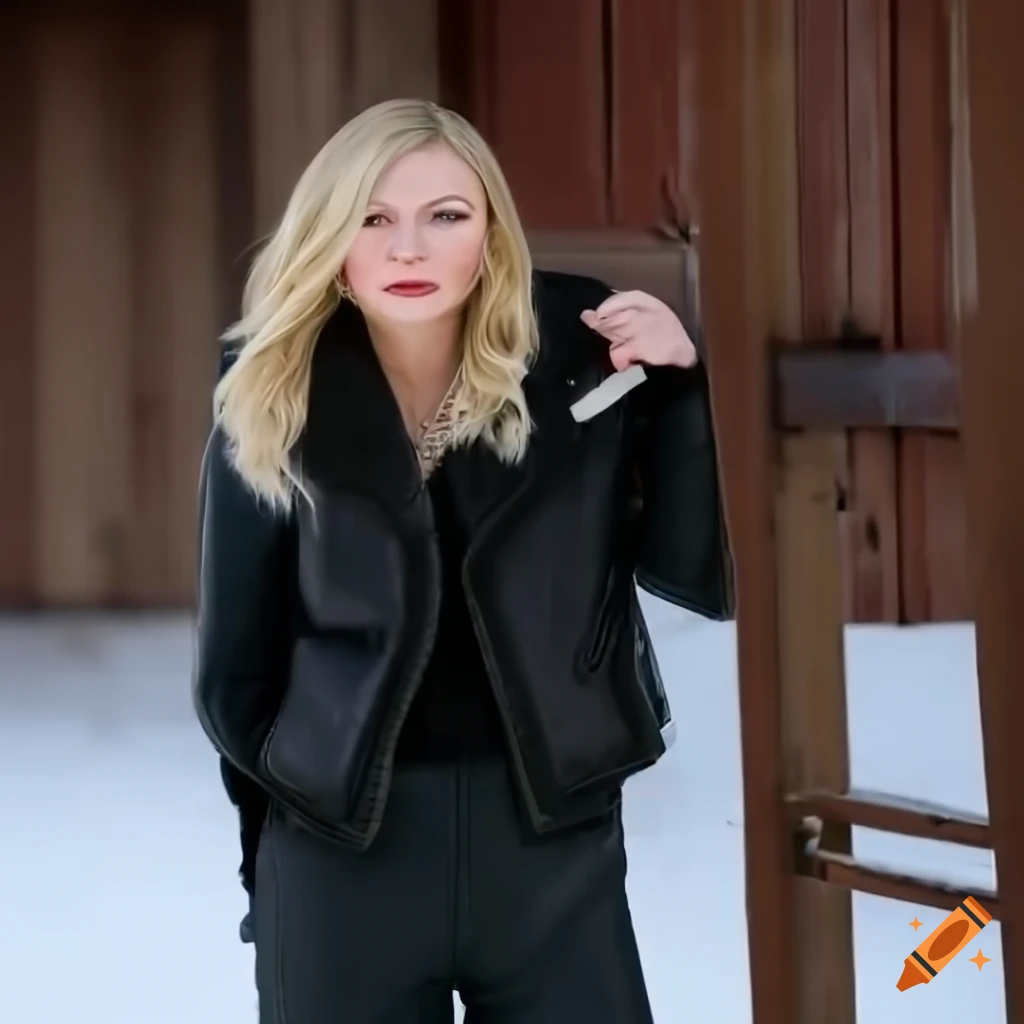 Blonde actress resembling Kirsten Dunst wearing sheepskin bomber jacket and leather trousers in a barn doorway