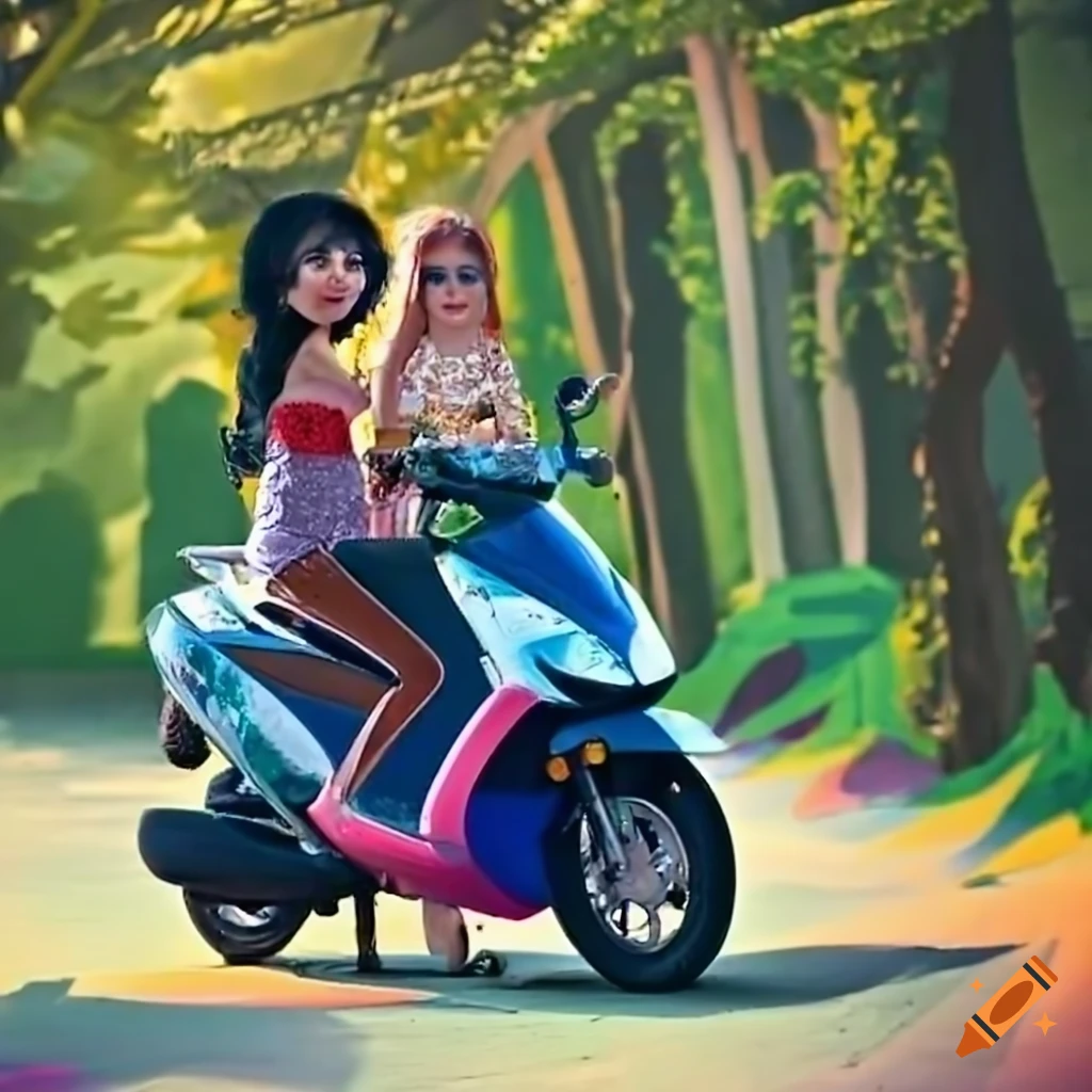 Two girls riding scooters up a dusty hill on a sunny day