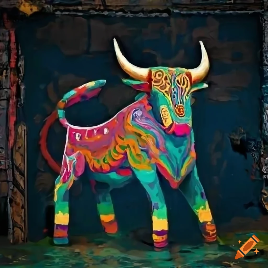 Colorful wooden tribal bull carving on Bali with pixelart oil painted style