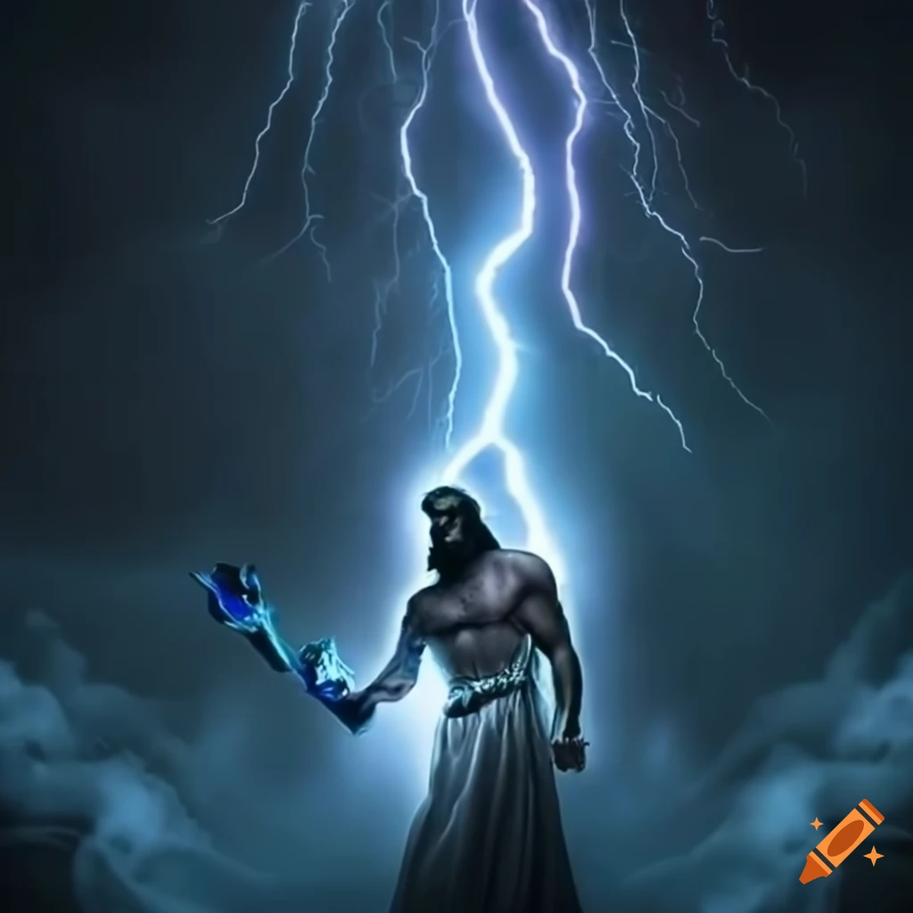 Greek god Zeus with a lightning bolt in a black and white portrayal