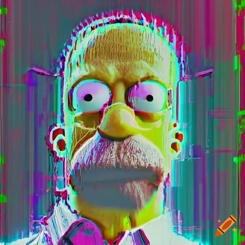 Double exposure of Homer Simpson with glitchy grunge textures on Craiyon