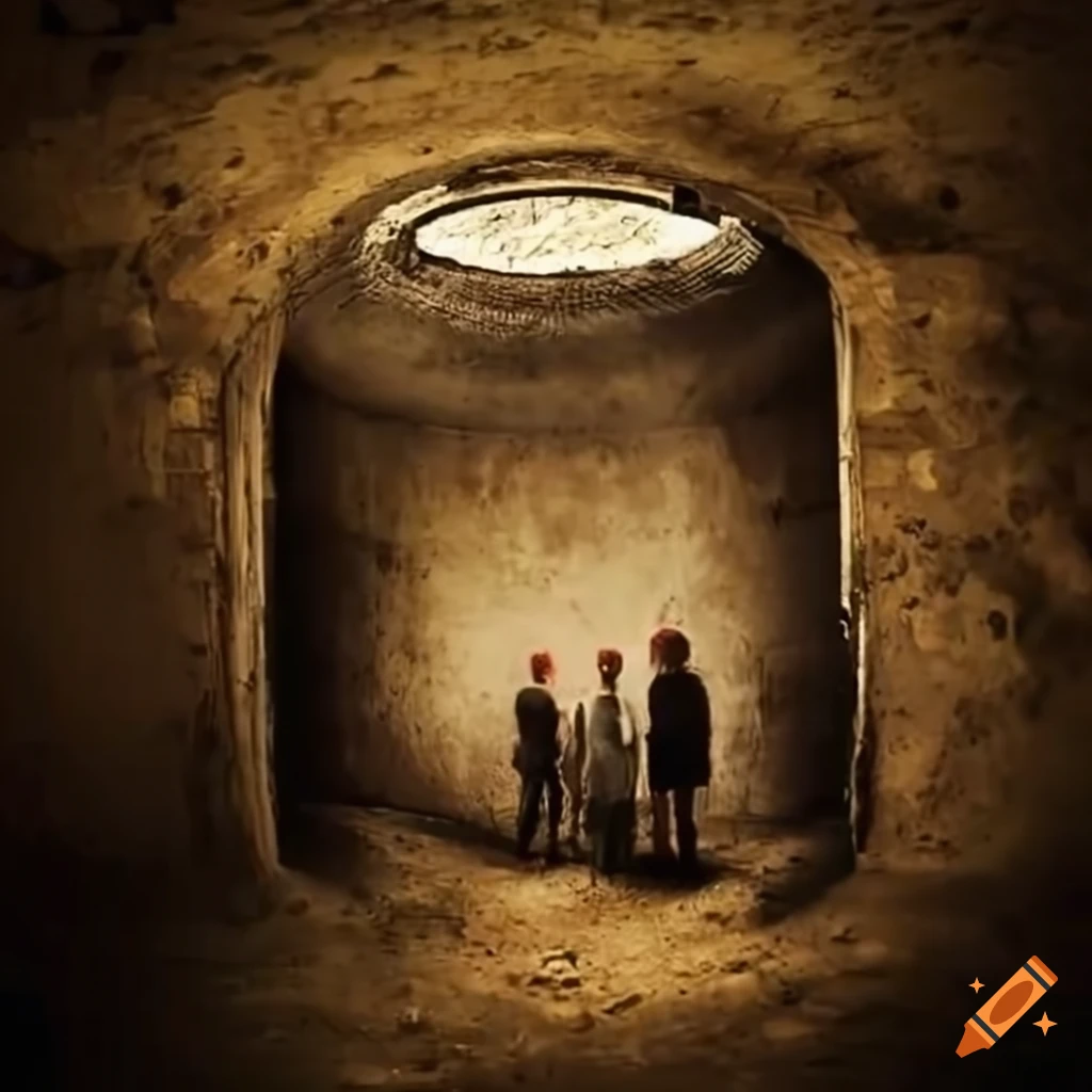 Underground society living in dirt houses with a giant metal circle door