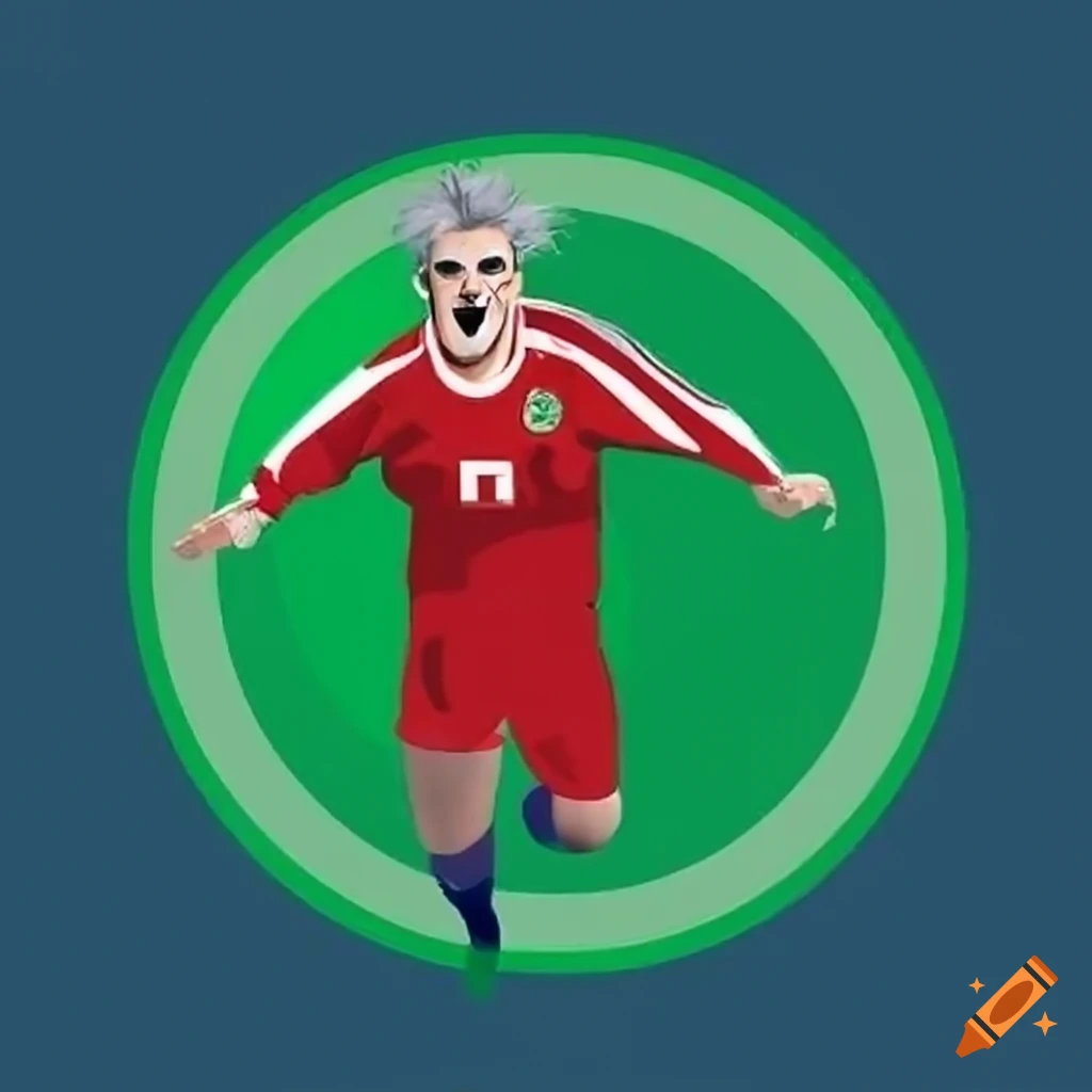 Veteran football team in red kits with grey hair showcasing their circular green team logo