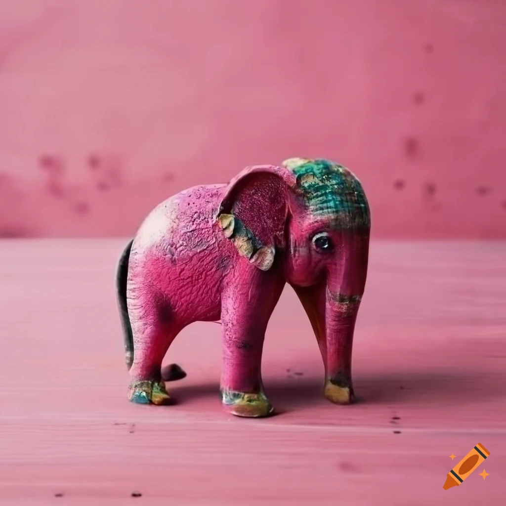 Pink elephant on wooden background in Bali primitive art style