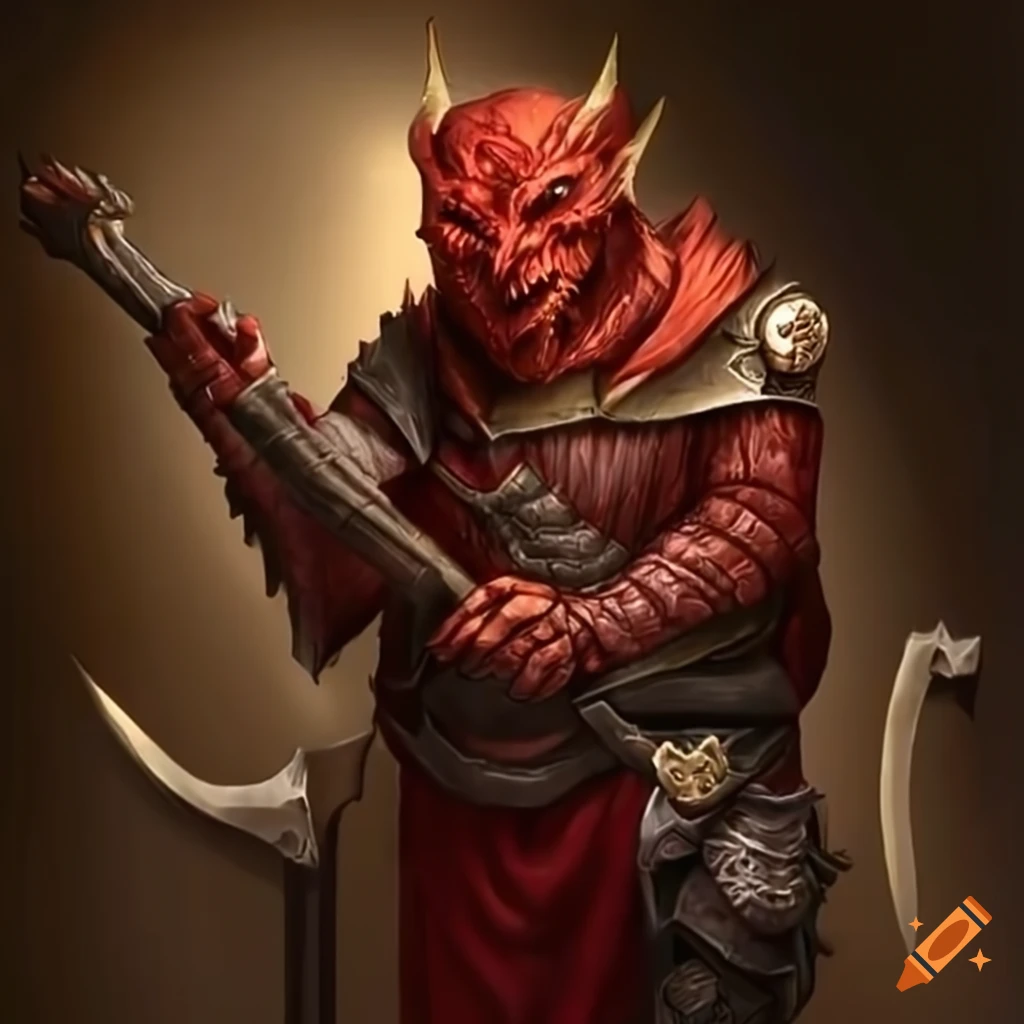 Red dragonborn with bone knives in each hand