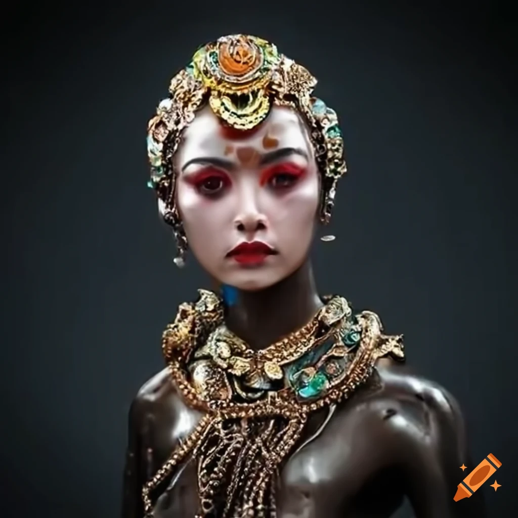 Asian copper metal-plated cyborg with amber stones in a fantasy setting