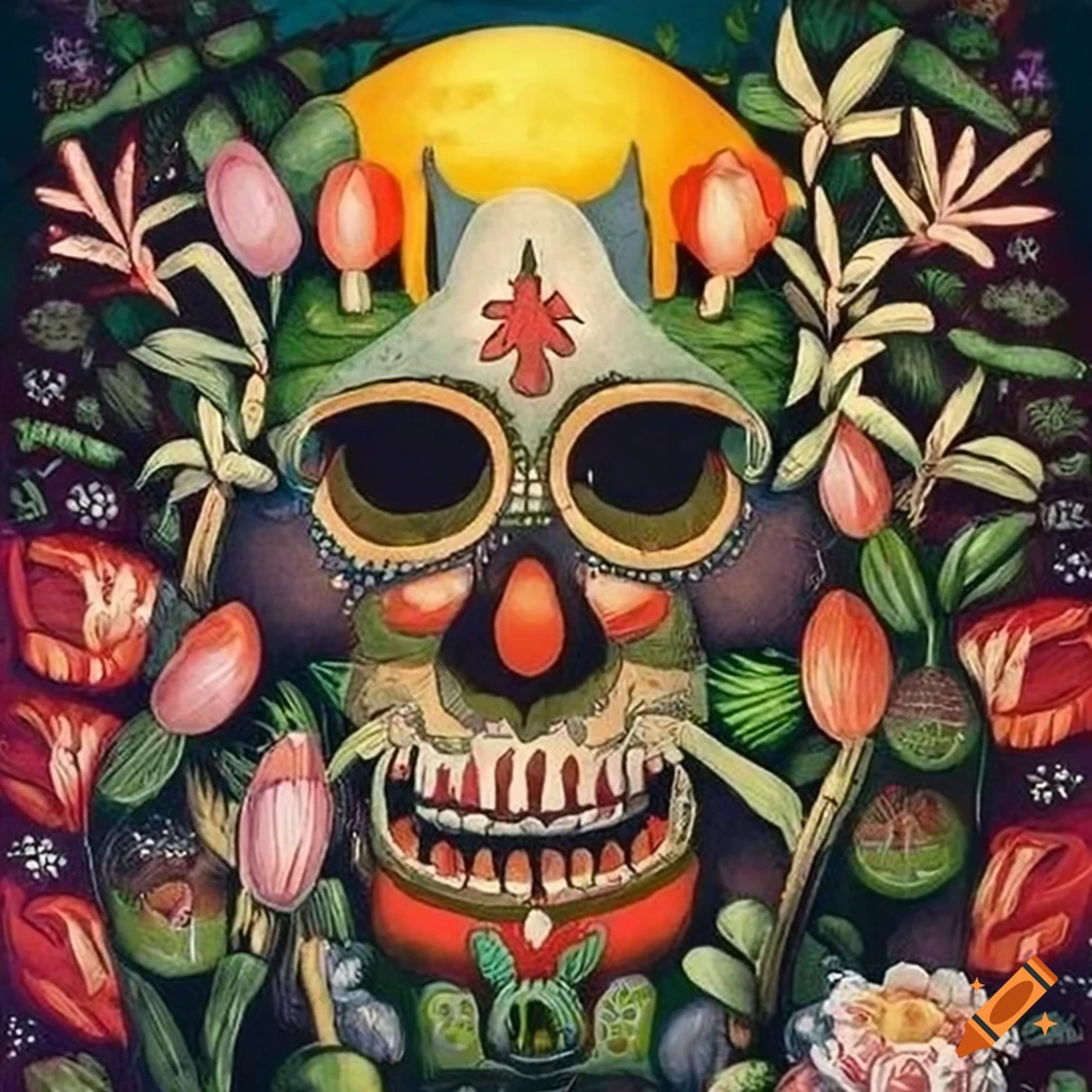 Santa Muerte Voodoo Loa Shunga lithograph by Willi Sitte, Victo Ngai, and Diego Rivera depicting a fusion of Celtic, Japanese, and Viking cultures in the Amazon river rainforest during sunrise