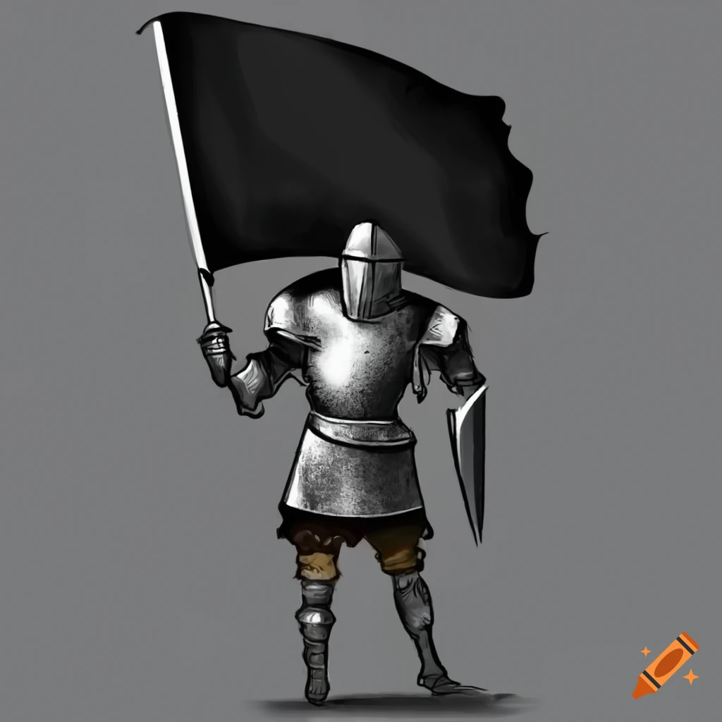 Knight holding a black flag with a sword symbol