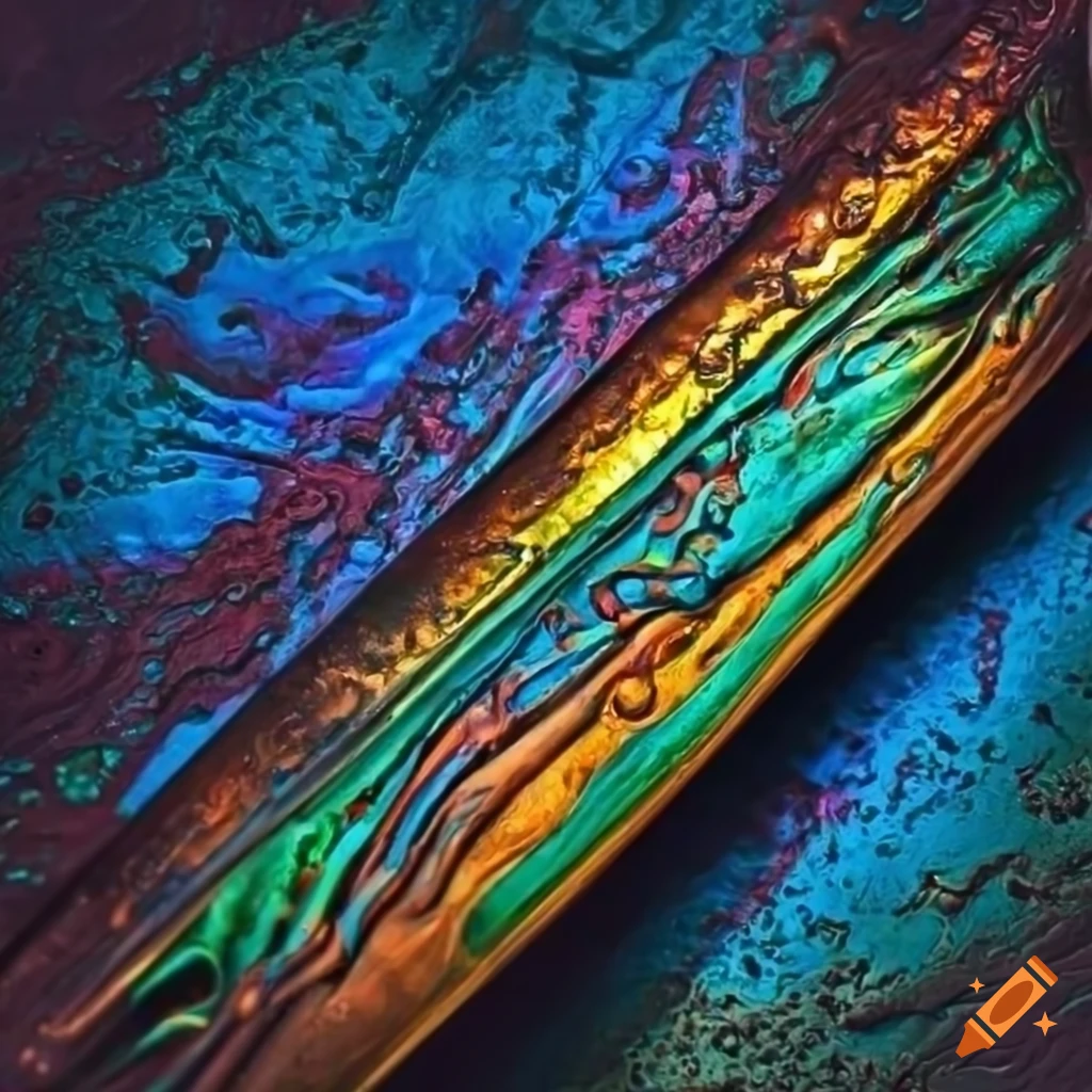 Colorful tribal carved metal bar with gemstones on concrete background