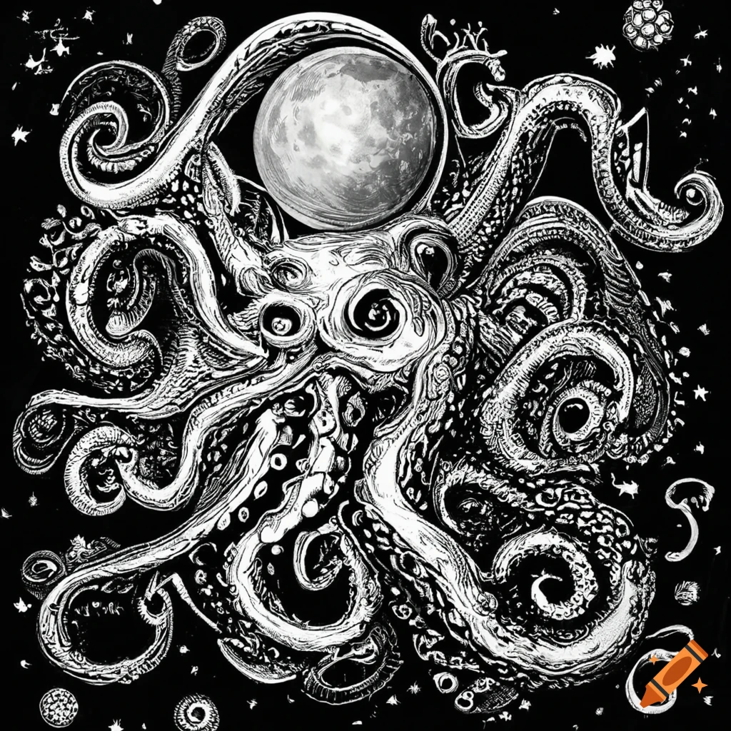 Celestial octopus god with moon head in black and white woodcut style