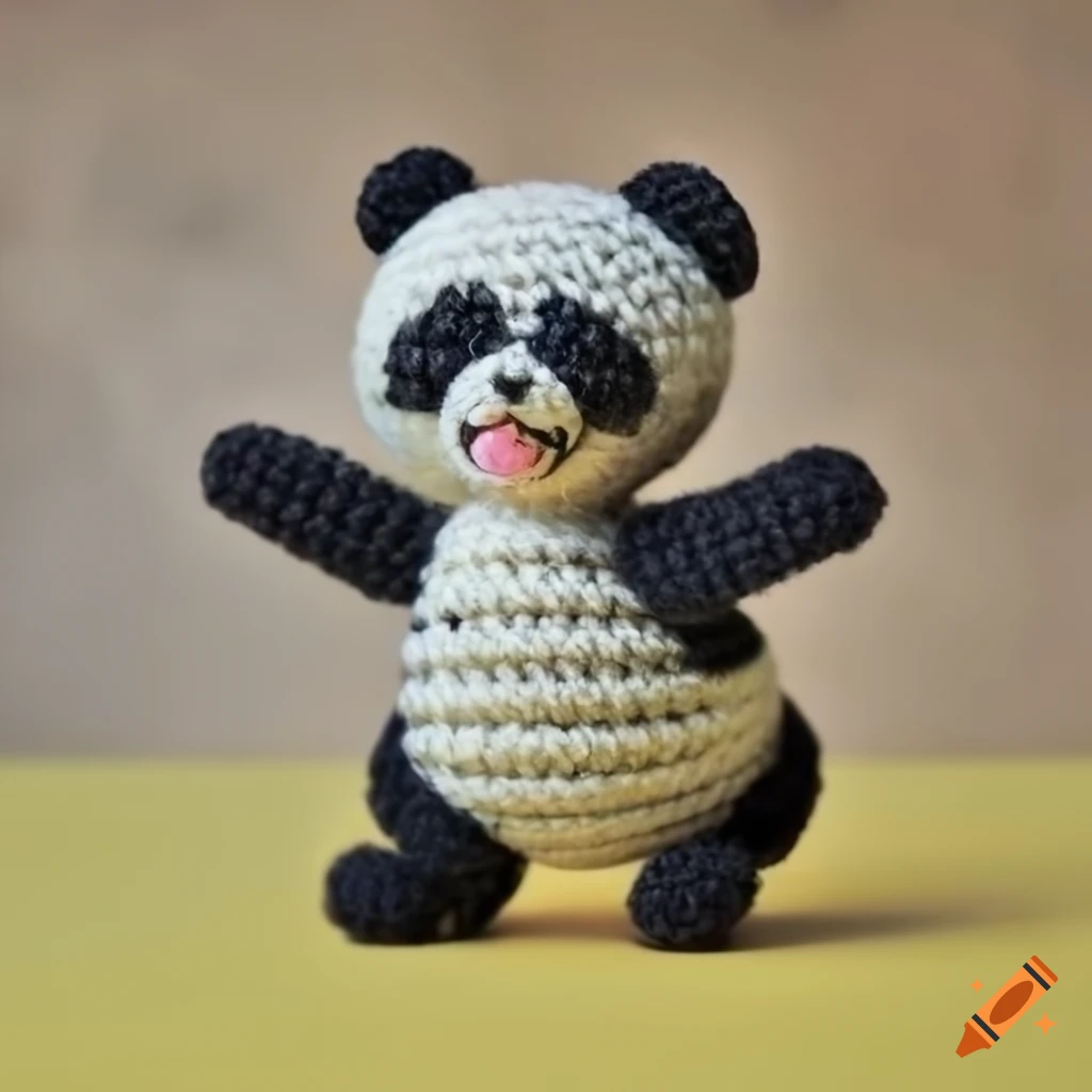 Cute fluffy puffy panda amigurumi crochet plush toy on a yellow concrete background