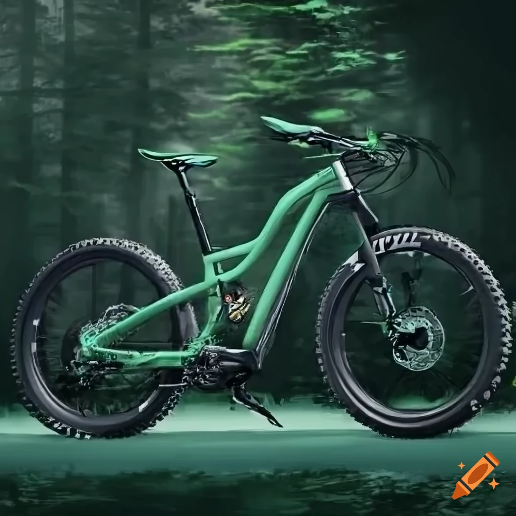 Modern e-bike mountain biking in a sunny forest, concept art