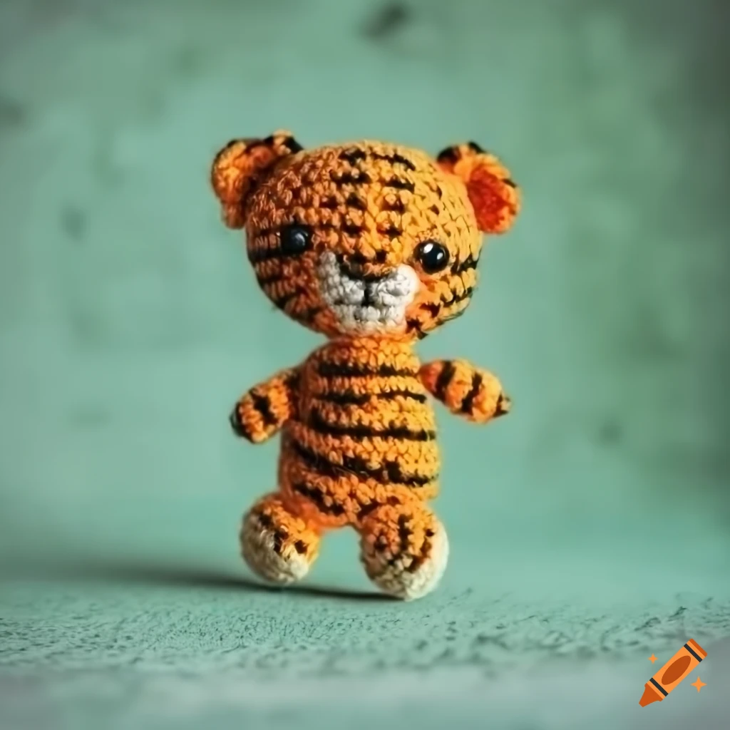 Cute puffy tiger amigurumi doll on a green concrete background
